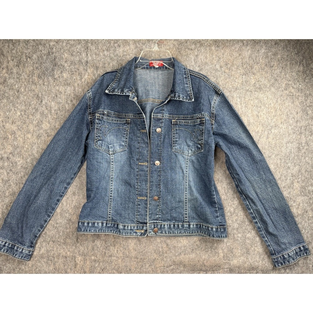 Vintage Apple Bottoms Denim Moto Jacket Womens Medium Y2K Blue Jean Coat